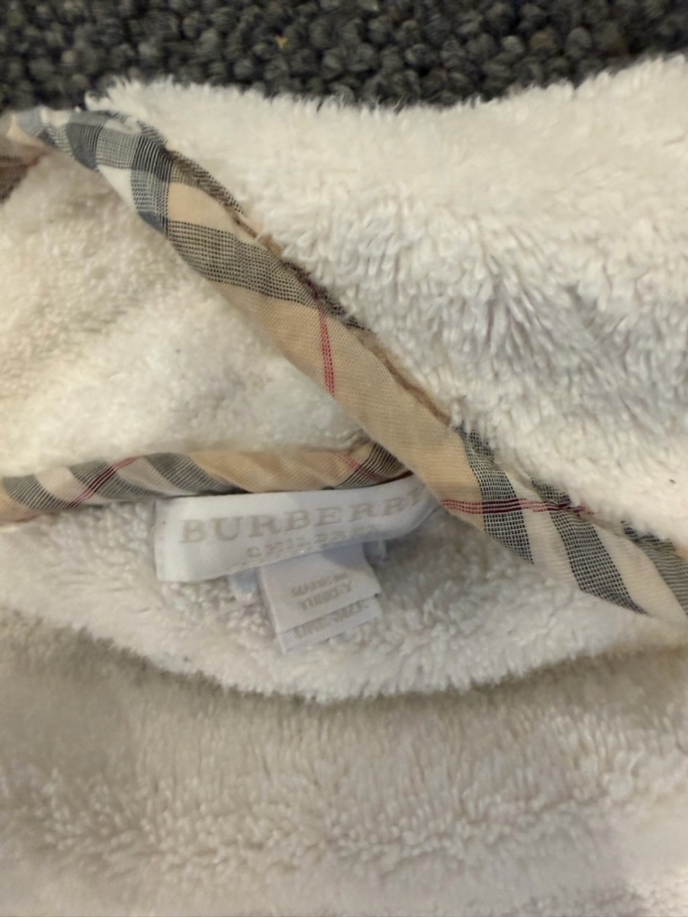 Burberry Cream Plush Hooded Robe with Signature Beige Check Trim